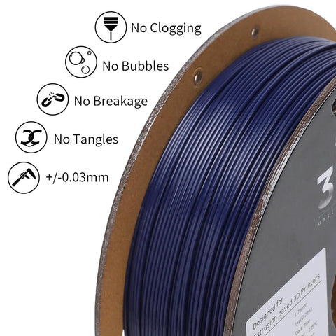 Top Shelf Fast Printing 3D Printing Filament PLA Plus 1.75mm Pro Grade High Speed Material For Killer Precision One Kilogram Heavy Duty Cardboard Spool with smooth dark blue filament.