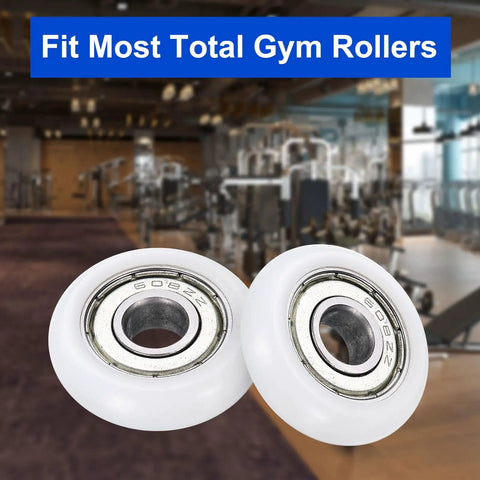 No Sweat Heavy Duty Nylon Ball Bearing Rollers 12 Pack Smooth Operator Idler Pulley Wheels with 608ZZ ball bearings in gym setting.