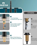 Diagram showing features of Matte Black Two Handle 8 Inch Widespread Bathroom Faucet For Vanity Sink With 360 Degree Swivel Spout 3 Hole Installation Includes Overflow Drain And CUPC Supply Lines Solid Brass