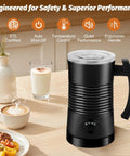 4 In 1 Milk Frother And Steamer For Hot And Cold Foam, 11.8 oz Capacity, Fast Heating on kitchen counter with drinks