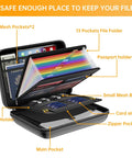 Rugged Hard Shell Fireproof File Organizer With Lock 13 Pocket Accordion Folder Portable Safe Storage For Important Documents And Laptop Black Ideal For Home Office Travel And Laptop Protection On The Go open view showing organized pockets for documents, cards, and pens.