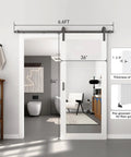 Image showing dimensions of Straight Glide 36 By 84 Inch Frosted Glass Barn Door With Heavy Duty Rolling Hardware Kit for interior use.