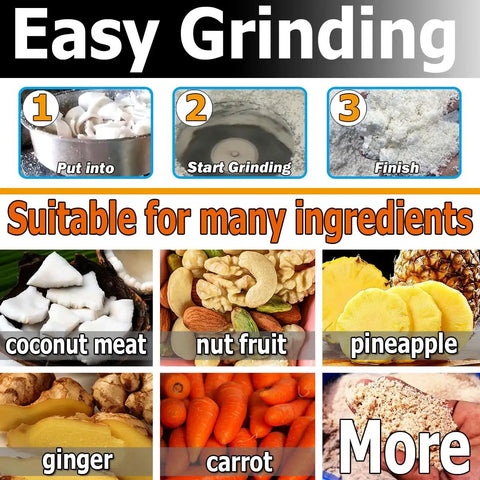 Steps for using Industrial Pro Grade Heavy Duty Coconut Meat Grinder And Root Crop Pulverizer 500kg Per Hour with various ingredients.