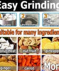 Process steps for using Heavy Duty Coconut Grinder Machine 500 Kg Per Hour For Commercial Use Pulper Pulverizer Cassava Potato Sweet Potato Root Veg Grinder With Stainless Steel Hopper 110V with images of compatible ingredients like coconut meat, nut fruit, pineapple, ginger, and carrot.