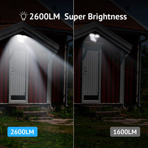 Comparison of Outdoor Floodlight Security Camera With 2600 Lumen LEDs 1080P HD showing brightness difference at night.