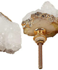Four Pack Beefy Natural Quartz Geode Cabinet Knobs Combined With Slick Druzy Crystal Drawer Handles Featuring Clean Gold Plated Edges and Heavy Duty Stone Pulls For Kitchen Vanity Refresh, showcasing raw quartz and gold accents.