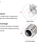 E10 Screw Base Miniature Bulbs For DC 12V Projects Packing Ten Warm Yellow Glow, glass dome and metal base detail.