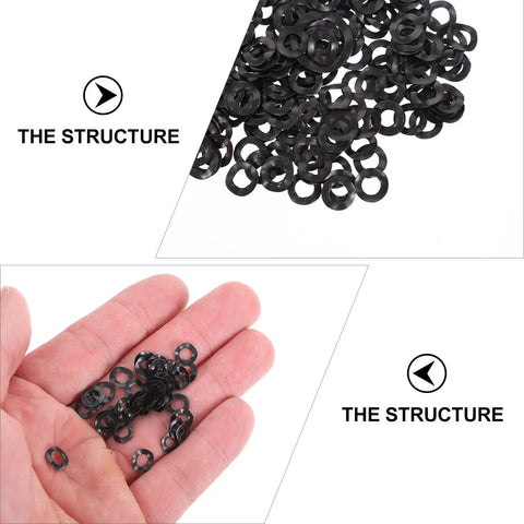Rugged And Ready Wave Washers Set 500 Pack Spring Steel Compression Gaskets For Screws And Bolts 4x8x0.3mm Industrial Fastening And Assembly Repair Kit Built To Last, black washers in hand