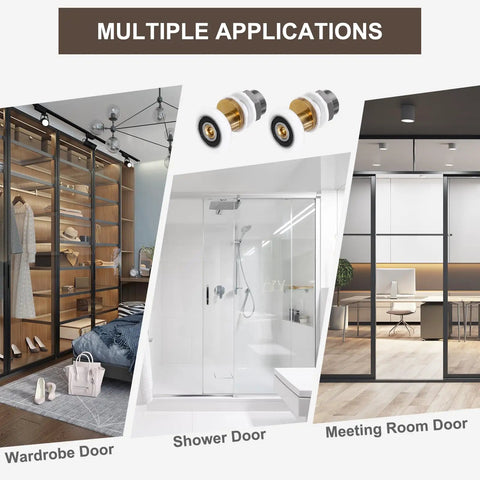 Slick Glide Heavy Duty Shower Door Rollers And Wheels 23 Millimeter Glass Bathroom Replacement Parts For Sliding Tracks Kitchen Drawers White Pack Of Four displayed in wardrobe, shower, and meeting room door settings.