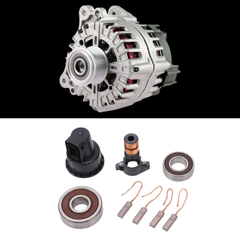 Tough As Nails Alternator Rebuild Kit Featuring Premium Slip Ring Brushes And Robust Bearing Set with alternator and components.
