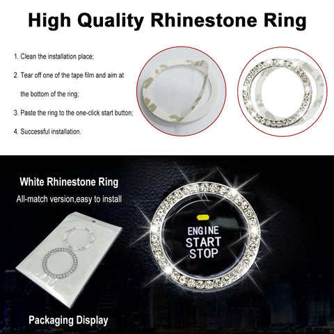 High quality rhinestone ring for car engine start button with installation instructions and packaging displayed.
