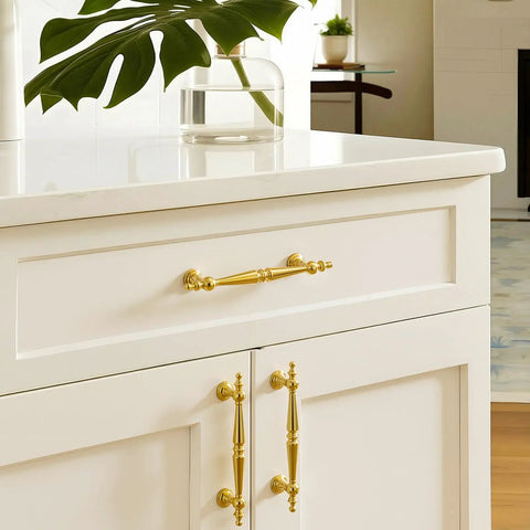 Heavy Duty Vintage Gold Cabinet Drawer Pulls Sweet Set Of 10 Handles With Antique Brass Finish on white kitchen furniture.