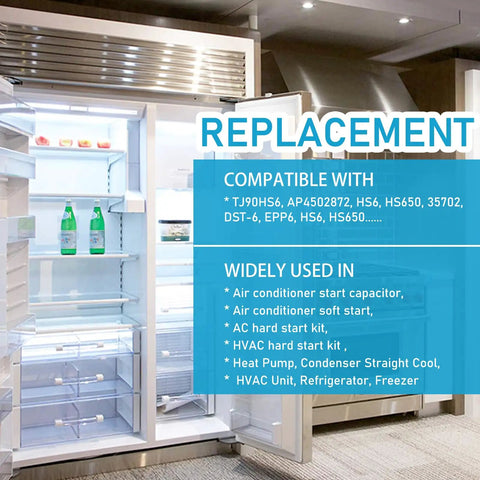 Rock Solid Beefed Up Hard Start Capacitor Boosts Compressor Torque By Five Hundred Percent To Kickstart Seized AC Motors And Rescue Struggling RV Refrigerators Today in a white refrigerator interior.