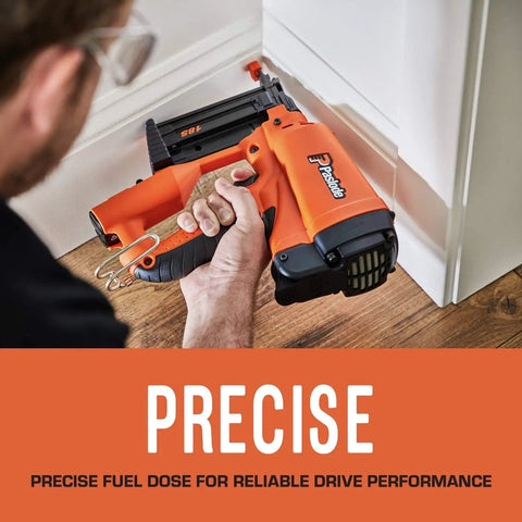 Universal Short Yellow Trim Fuel Cells For Cordless Finish And Brad Nailers With Adapter Heads Lubricating Oil Base Runs Slick And Delivers Serious Power Nonstop Pack Of Six used in a cordless finish nailer on a wood floor.