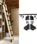 Top-Shelf Sliding Barn Door Hardware And Rolling Ladder Track Kit With Floor Roller Wheels For Library Staircase And Loft Setup. Wooden ladder with black hardware.