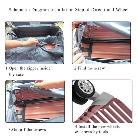 Schematic diagram showing steps to install Durable Nylon Luggage Caster Wheels Replacement Pair on a suitcase.