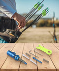 Aluminum Plunger Button Adjuster For Recurve Bows displayed with arrows and tools on a wooden table.