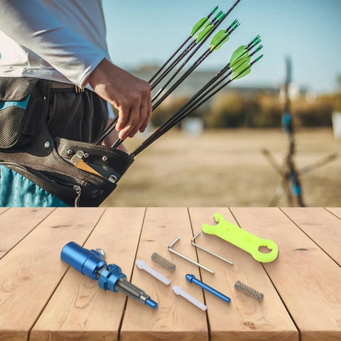 Aluminum Plunger Button Adjuster For Recurve Bows displayed with arrows and tools on a wooden table.