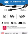 Built Tough 16 Gauge Black Coiled Extension Cord 20 Feet 3 Prong With Waterproof On Off Switch close-up of plugs and switch