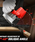Badass Seven Inch Brushless Cordless Circular Saw Runs Smooth As Glass At Eight Thousand Rpm, showing 0°-45° angle adjustment for precise cuts.