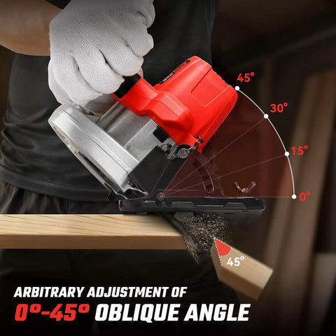 Badass Seven Inch Brushless Cordless Circular Saw Runs Smooth As Glass At Eight Thousand Rpm, showing 0°-45° angle adjustment for precise cuts.