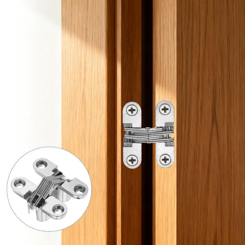 Slick Hidden Cabinet Door Hinge Set Of Three With Screws 180 Degree Cross Mount Invisible Overlay Hardware installed on cabinet door.