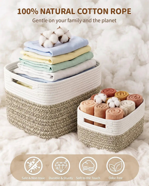 Get Your Home Sorted And Level Up Your Organization Game With This Six Piece Foldable Woven Storage Basket Set Perfectly Sized To Tackle Cabinet Clutter Clothes Sorting Toys And Daily Essentials Quick And Easy, featuring cotton baskets holding towels and blankets.