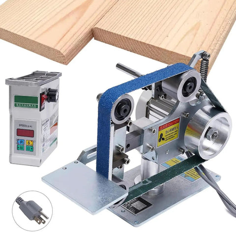 Built Like A Tank Industrial Grade Electric Belt Sander Featuring One By Thirty Inch Abrasive Belt with control panel and wooden boards.