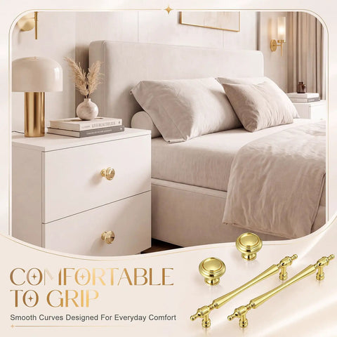 Slick Gold Antique Cabinet Pulls And Knobs 20 Piece Set Featuring European Style Drawer Handles and Round Cupboard Knobs For Kitchen Updates Hassle Free Mounting Top Notch Finish on a bedside table.
