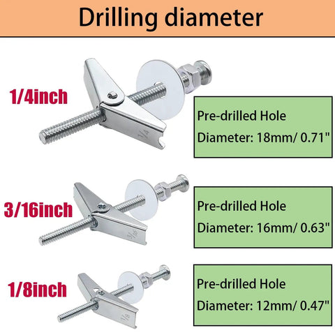 Heavy Duty Carbon Steel Toggle Bolts Wall Anchors Kit With Anti Spin Design for drywall, sizes 1/8, 3/16, and 1/4 inch with hex nuts.