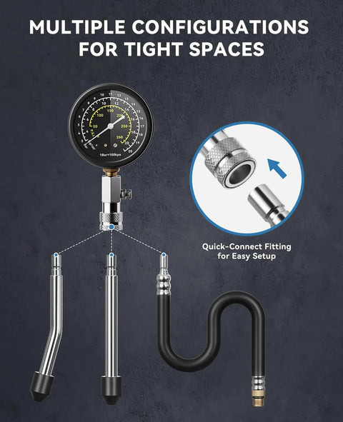 Rock Solid Gasoline Engine Compression Tester Kit With No Sweat 300 PSI Triple Scale Dial showing gauge and adapters for easy use.