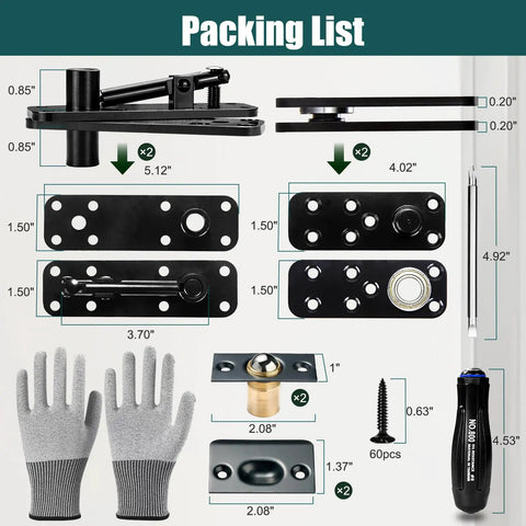 Packing list image showing components of Badass Heavy Duty Hidden Door Hinge Built Like A Tank From 304 Stainless Steel.