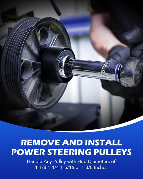 Mechanic uses Power Steering Pump Pulley Tool Kit For Ford GM Chrysler Vehicles, Remover And Installer Set on car pulley