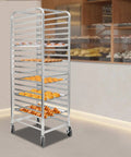 Heavy Duty 20 Tier Bakery Rack Straight Up Solid Aluminum Cooling Cart For Full And Half Sheet Pans with baked goods.