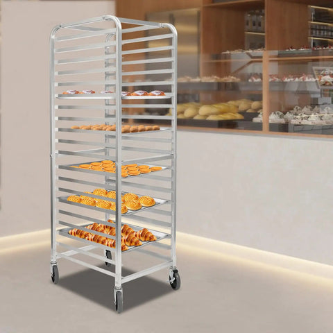 Heavy Duty 20 Tier Bakery Rack Straight Up Solid Aluminum Cooling Cart For Full And Half Sheet Pans with baked goods.