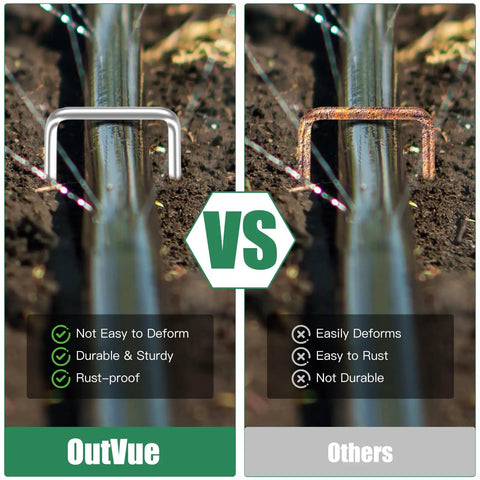 Comparison of Six Inch Landscape Staples Set Of Fifty Durable 11 Gauge Garden Stakes showing OutVue vs Others in soil.