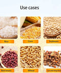 Image showcasing use cases of grains, including rice, corn, soybeans, red beans, wheat, and cat and dog food.