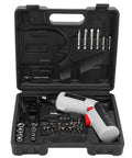 Kickass Compact Cordless Drill Driver Kit Boasts A Super Sleek Body With A Beast Mode 4.2V Lithium Battery And Powerful Led Work Light For Blazing Fast Drilling On Every Home Job in black case with multiple bits.