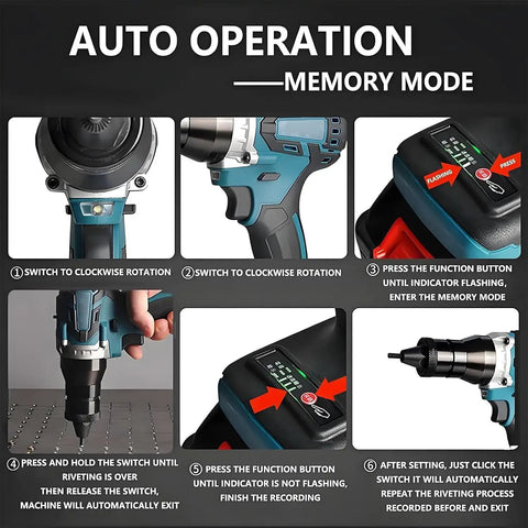 Rock Solid Cordless Automatic Rivet Gun Kit With Bright Led And 4000 Mah Battery For M3 Through M12 Threads shown in memory mode setup.