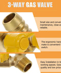 Heavy Duty Brass Y Type Gas Ball Valve With Solid Three Way Build And Dual Quick Hook Up Port Fittings For Dead Shut Off Seal Dependable Pipe Heater Regulation And Easy Twist Operation Daily close-up view showing ergonomic handles.