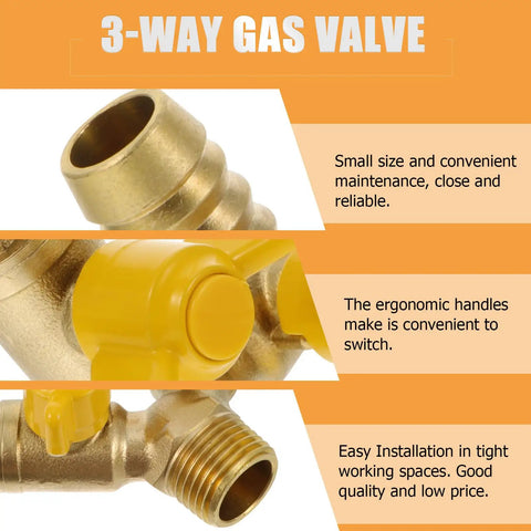 Heavy Duty Brass Y Type Gas Ball Valve With Solid Three Way Build And Dual Quick Hook Up Port Fittings For Dead Shut Off Seal Dependable Pipe Heater Regulation And Easy Twist Operation Daily close-up view showing ergonomic handles.
