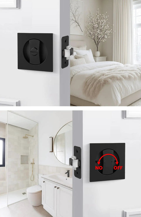 Matte Black Pocket Door Lock Set For Sliding Doors Square Pocket Door Hardware Kit Fits 2-1/8 Round Bore Hole shown installed
