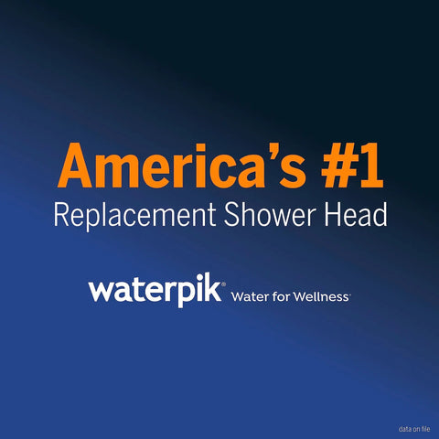 Graphic text 'America's #1 Replacement Shower Head waterpik Water for Wellness' on a dark blue background