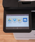 Close-up of color laser all-in-one printer with duplex printing, scan and copy, showing advanced security features and connectivity options.