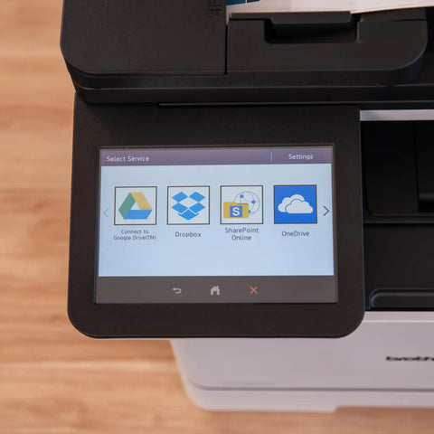 Close-up of color laser all-in-one printer with duplex printing, scan and copy, showing advanced security features and connectivity options.