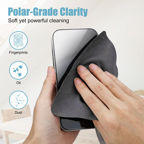 Hand using 10 Pack Microfiber Cleaning Cloths For Electronics, Camera Lenses, Eyeglasses, Phones And Laptops Safe Gentle Wipe Kit