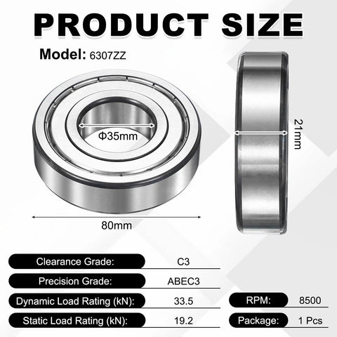 Heavy Duty Deep Groove Ball Bearing With Double Metal Shields And Chrome Steel Build Delivers Smooth Rotation And Durability For Long Lifespan Motor And Machinery Repairs Easy Install And Works Like A Charm In Any Setup At 35Mm X 80Mm X 21Mm - 6307ZZ model shown with size details.