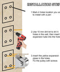 Installation steps for Top Shelf 304 Stainless Steel V Groove Pulley Wheels showing drilling and fixing process.