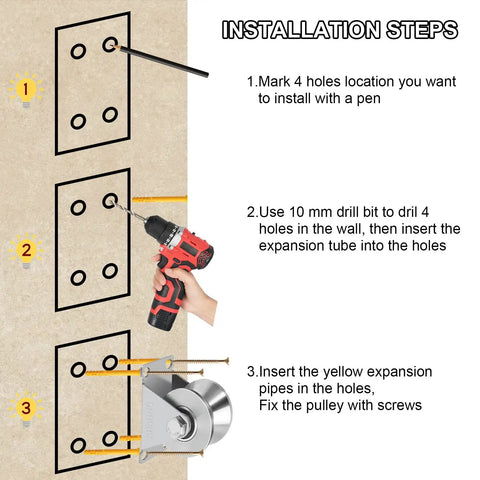 Installation steps for Top Shelf 304 Stainless Steel V Groove Pulley Wheels showing drilling and fixing process.
