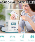 Front view: 600-count Wowflash lens wipes box for eyeglasses; person cleaning eyeglasses with a wipe.
